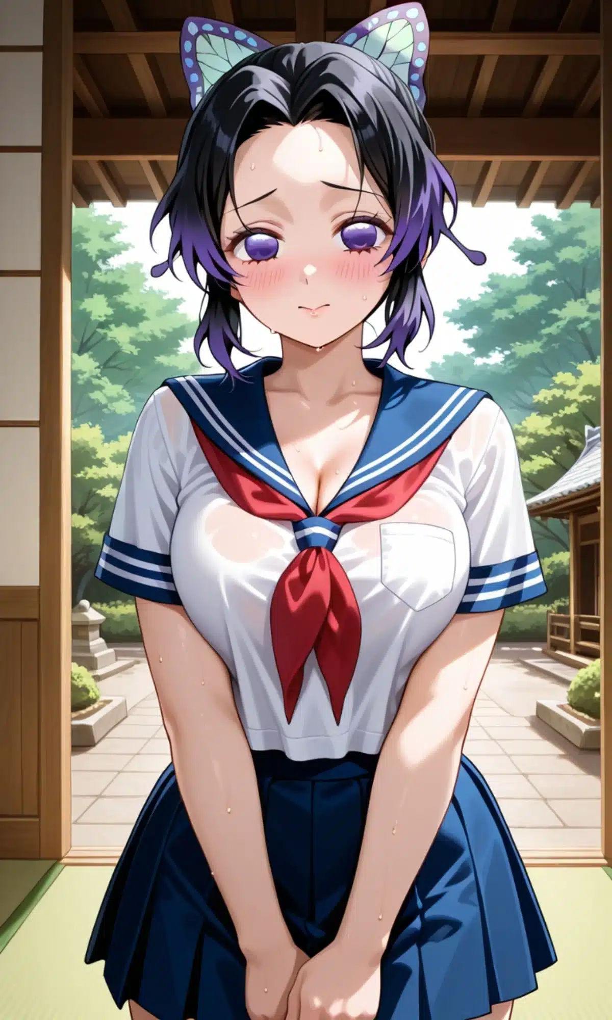 Shinobu Kocho in a school uniform, holding a book